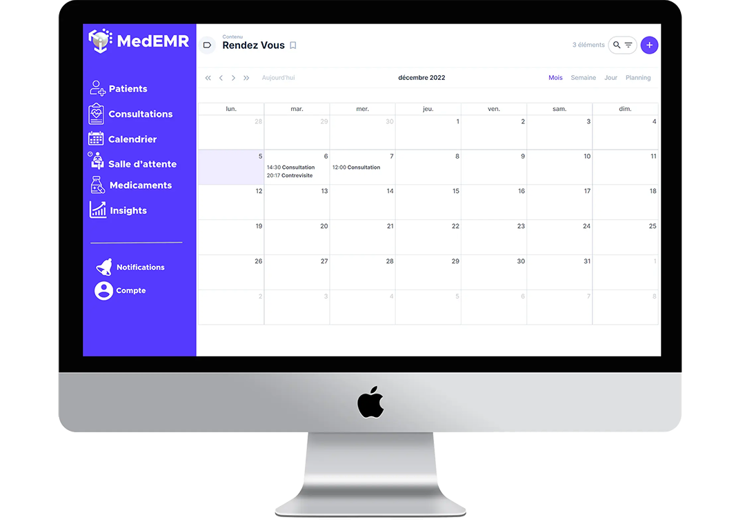 module de calendrier logiciel medemr sur ordinateur