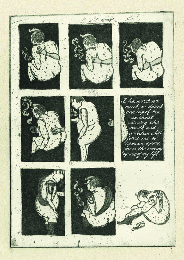 Page from a graphic novel, a naked figure holds a steaming cup against a black background across 9 panels.
