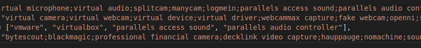 A screenshot of the Proctorio source code showing lists of strings containing names of fake webcam and microphone software