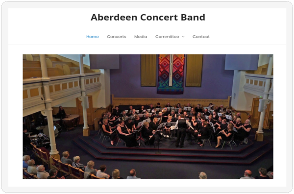 The nav and features section of the Aberdeen Concert Band website showcased on a tablet