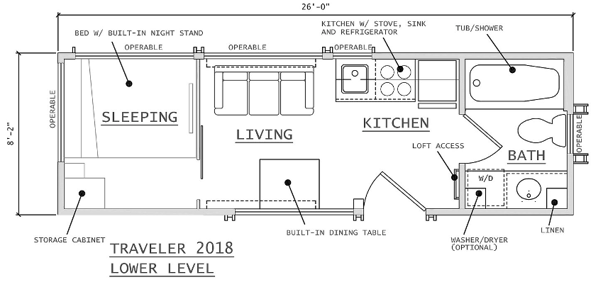 Escape's 26' traveler ground floor plan which shows a sleeping area which is a separate room containing a built-in night stand and cabinet. Escape's 26' traveler ground floor plan which shows a sleeping area which is a separate room containing a built-in night stand and cabinet.