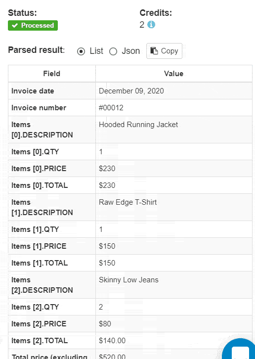 parsed results for QuickBooks