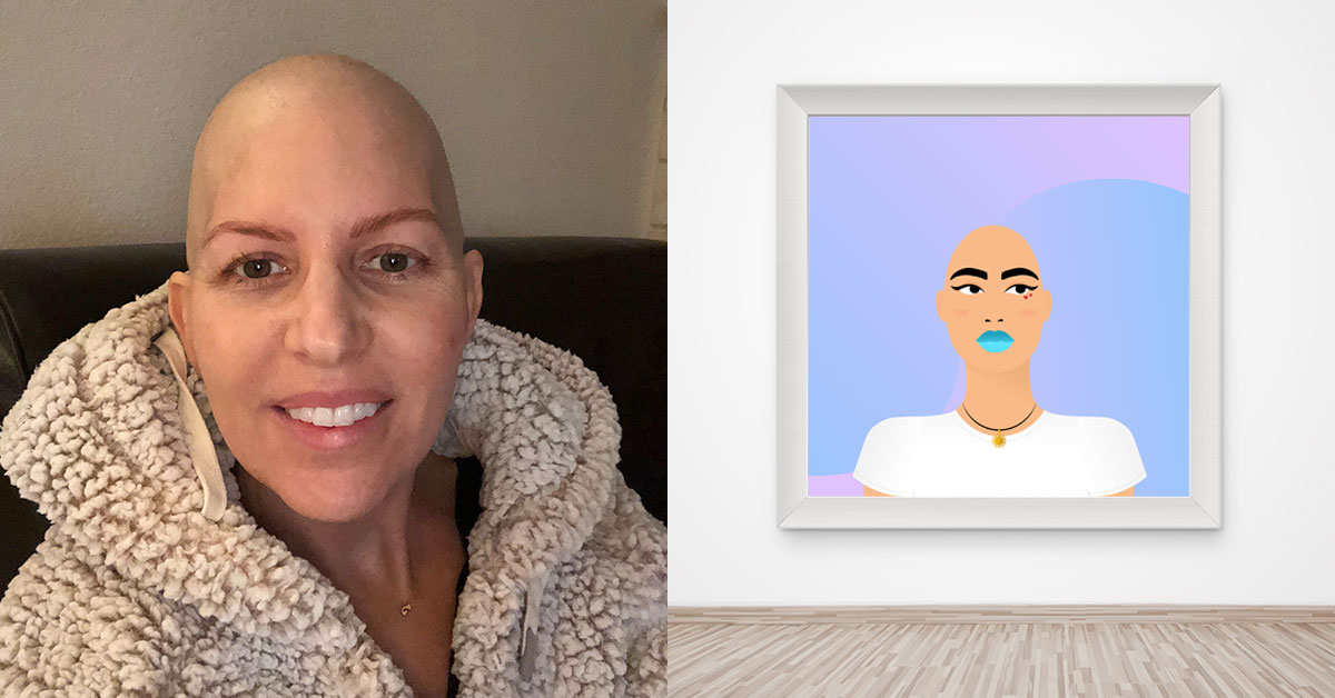 Dual image of Jill Briggs during her fight with ovarian cancer alongside an image of a World of Women NFT.