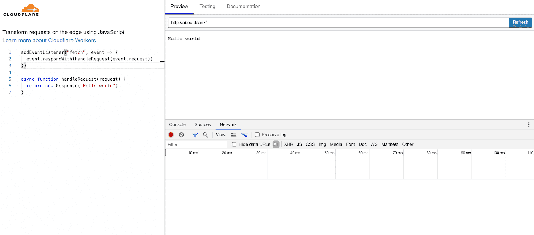 A screenshot from the Cloudflare Workers playground