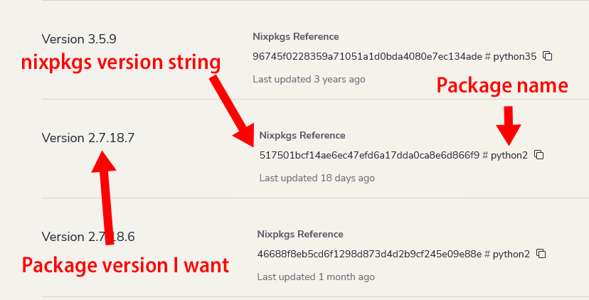 Screenshot of NixHub results showing that the human-readable version string appears first, followed by the nixpkgs version string, followed by the package name