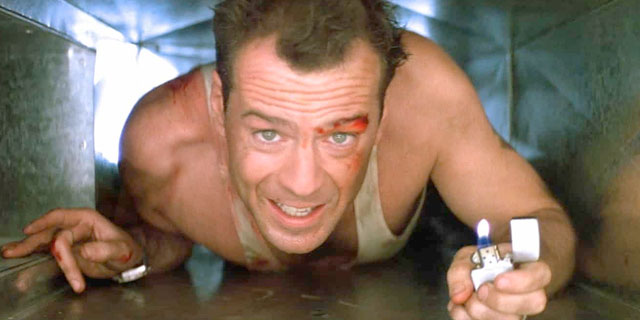 John McClane is in the air duct, wishing he was drinking in the movie Die Hard