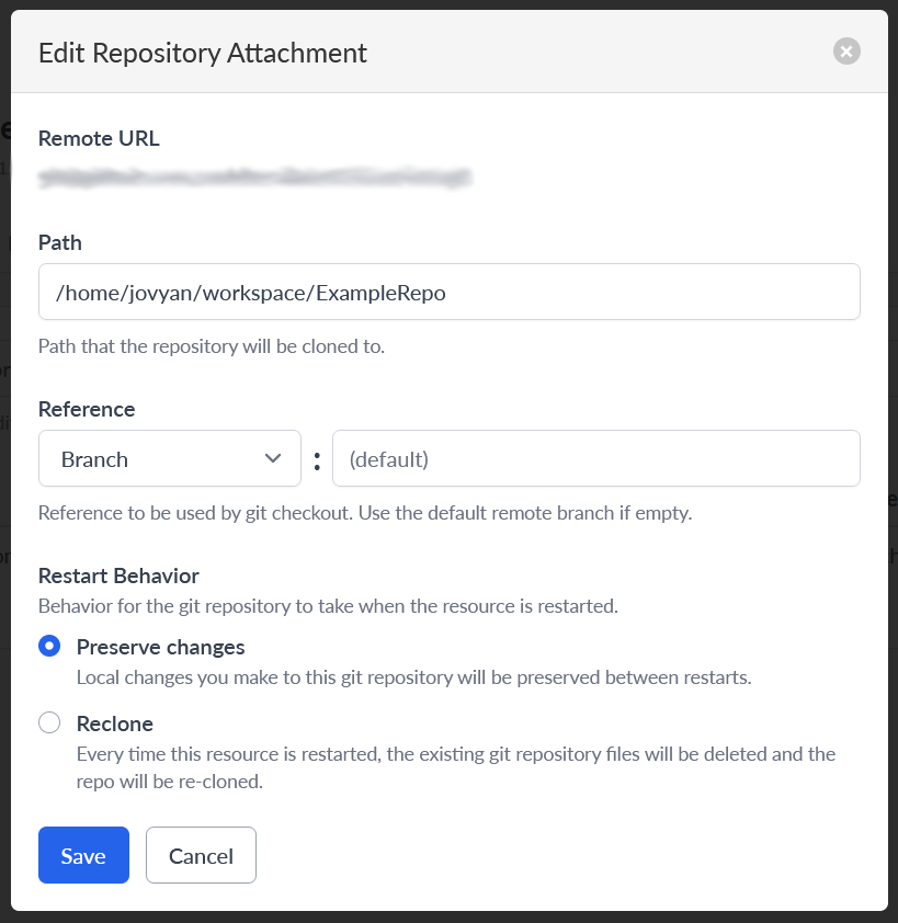 Screenshot of edit repository attachment menu