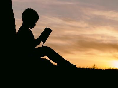 Silhouette of boy reading a book.
