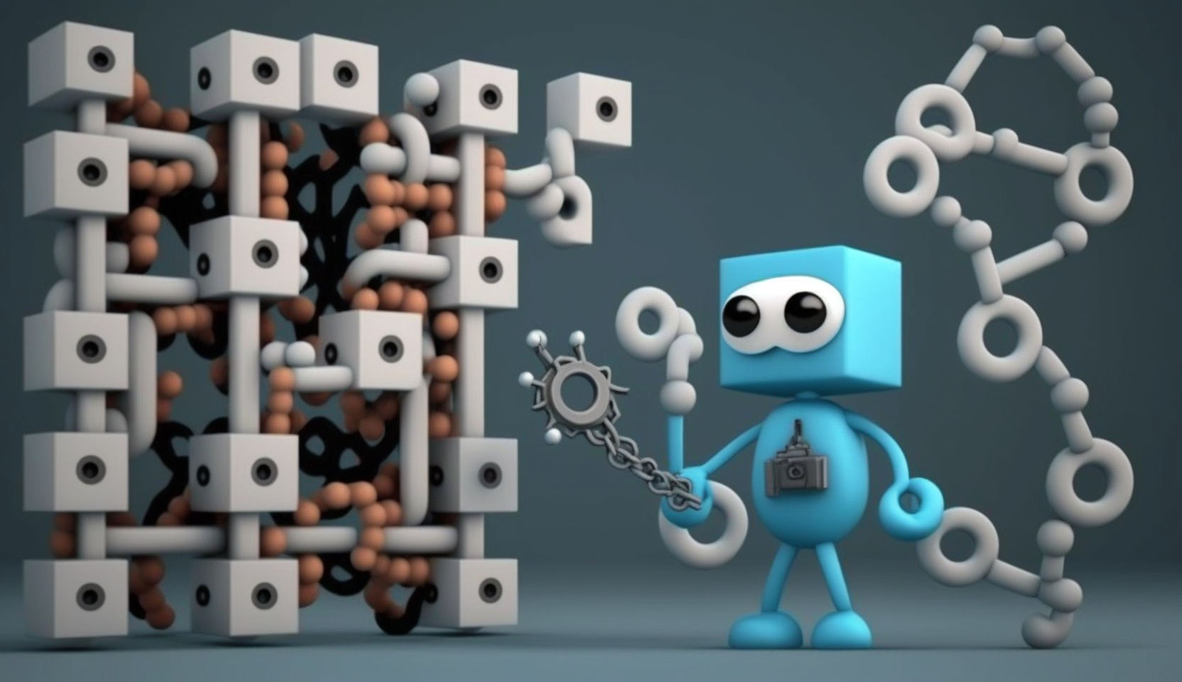 A cartoon character holding a key in one hand and a blockchain in the other, surrounded by a network of interconnected nodes and blocks.