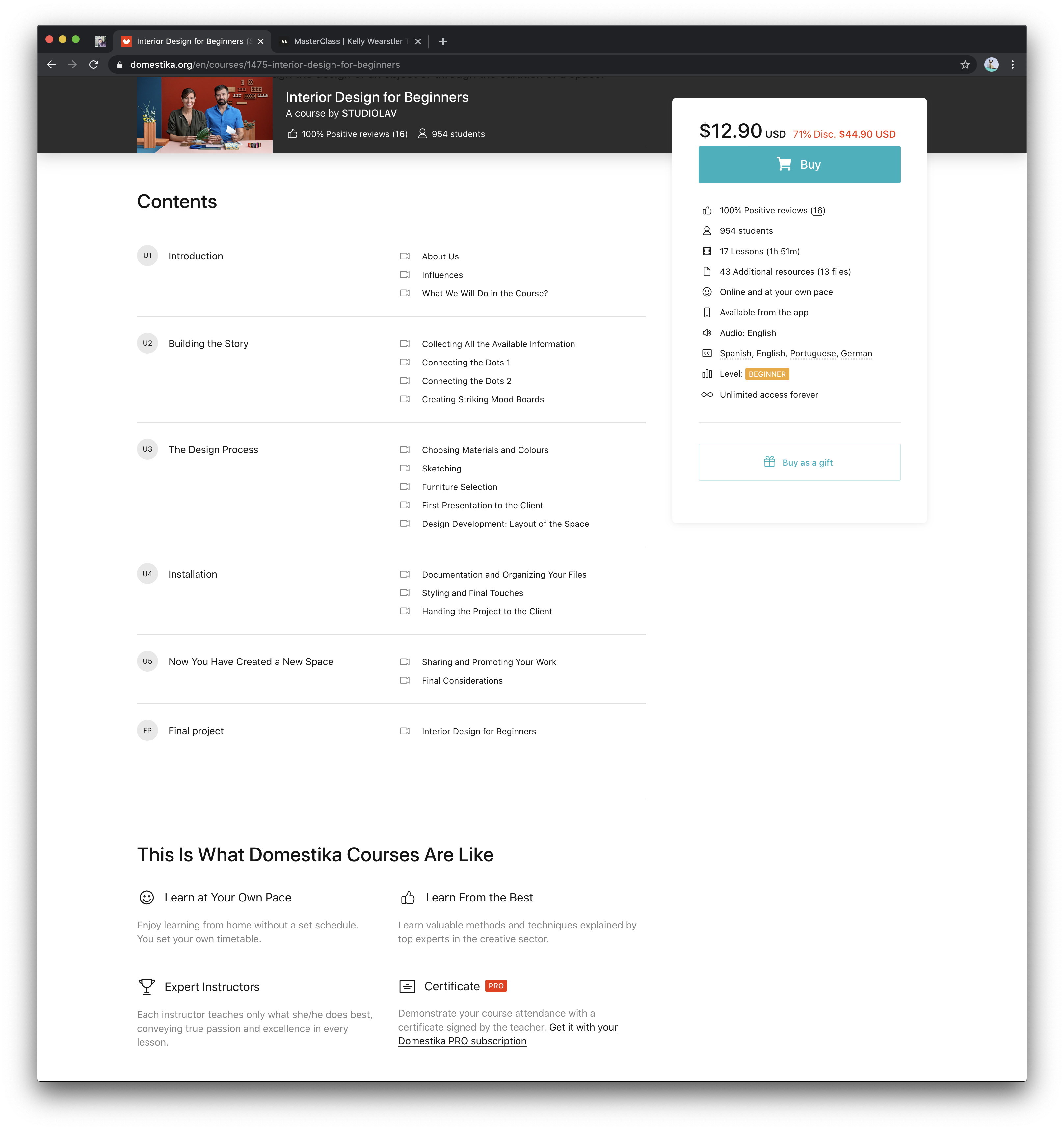 Screenshot of the Domestika Interior Design Course page highlighting the course table of contents