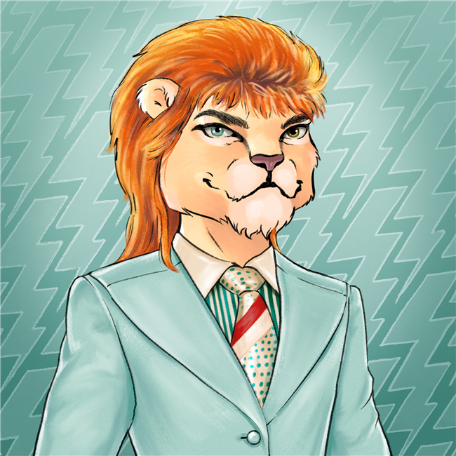 Art of David Bowie drawn as a cat. He is a lion with red hair and a light blue suit. Background is blue with lightning bolts.