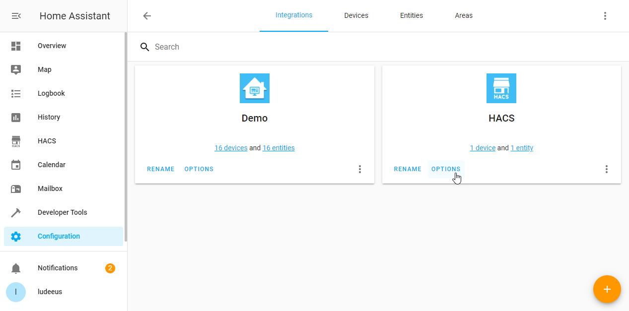 Configuration options HACS
