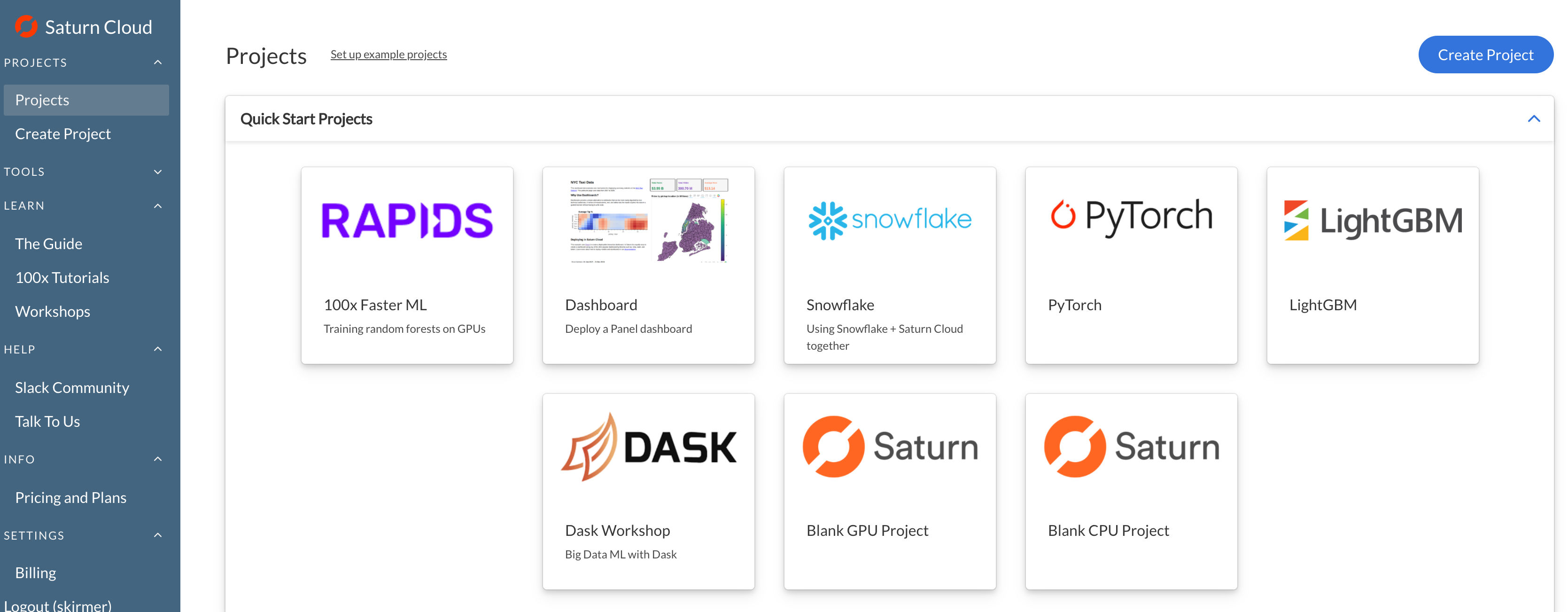 Screenshot of Saturn Cloud project page with quick-start cards visible