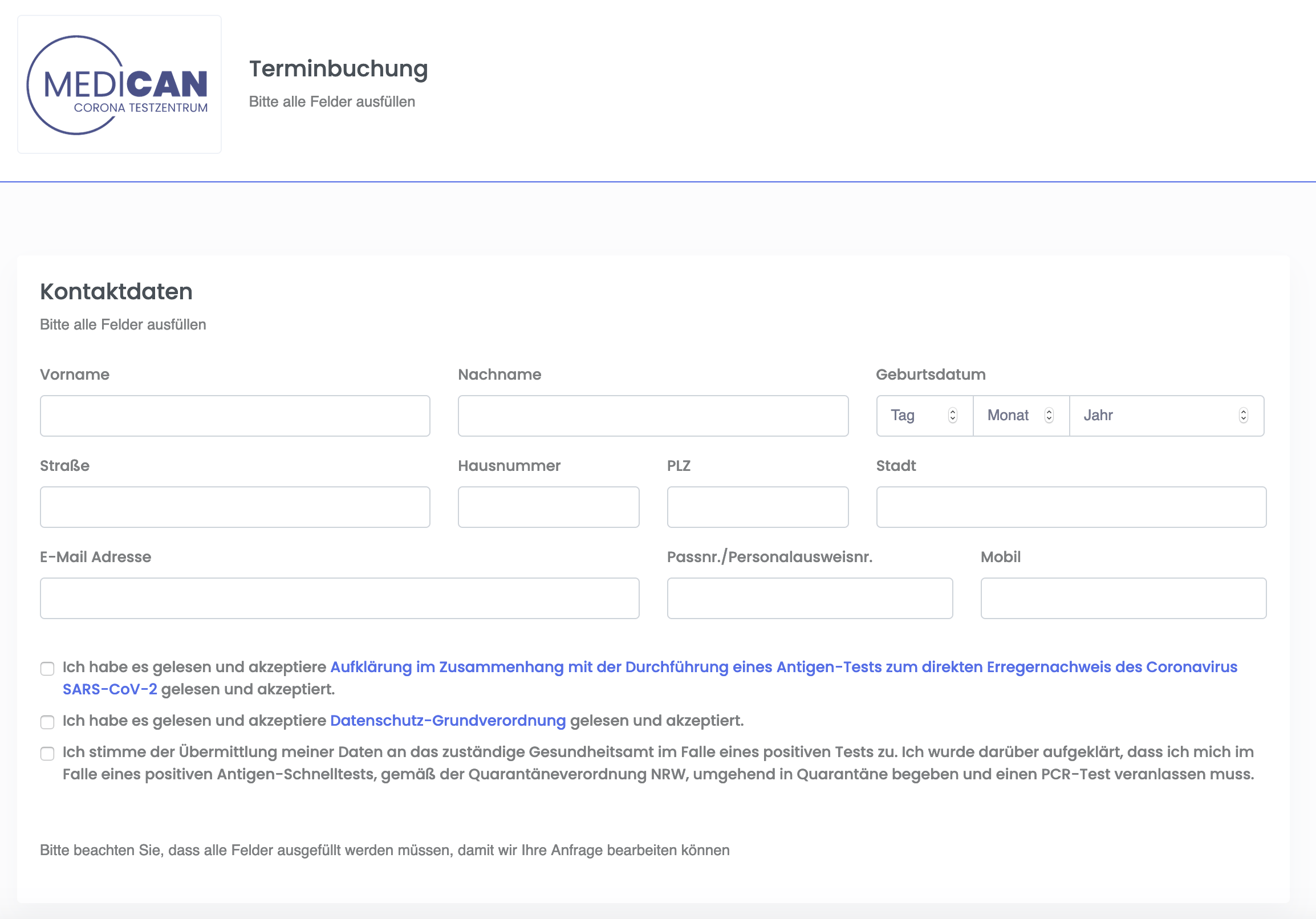 Screenshot der Voranmeldung zum Test