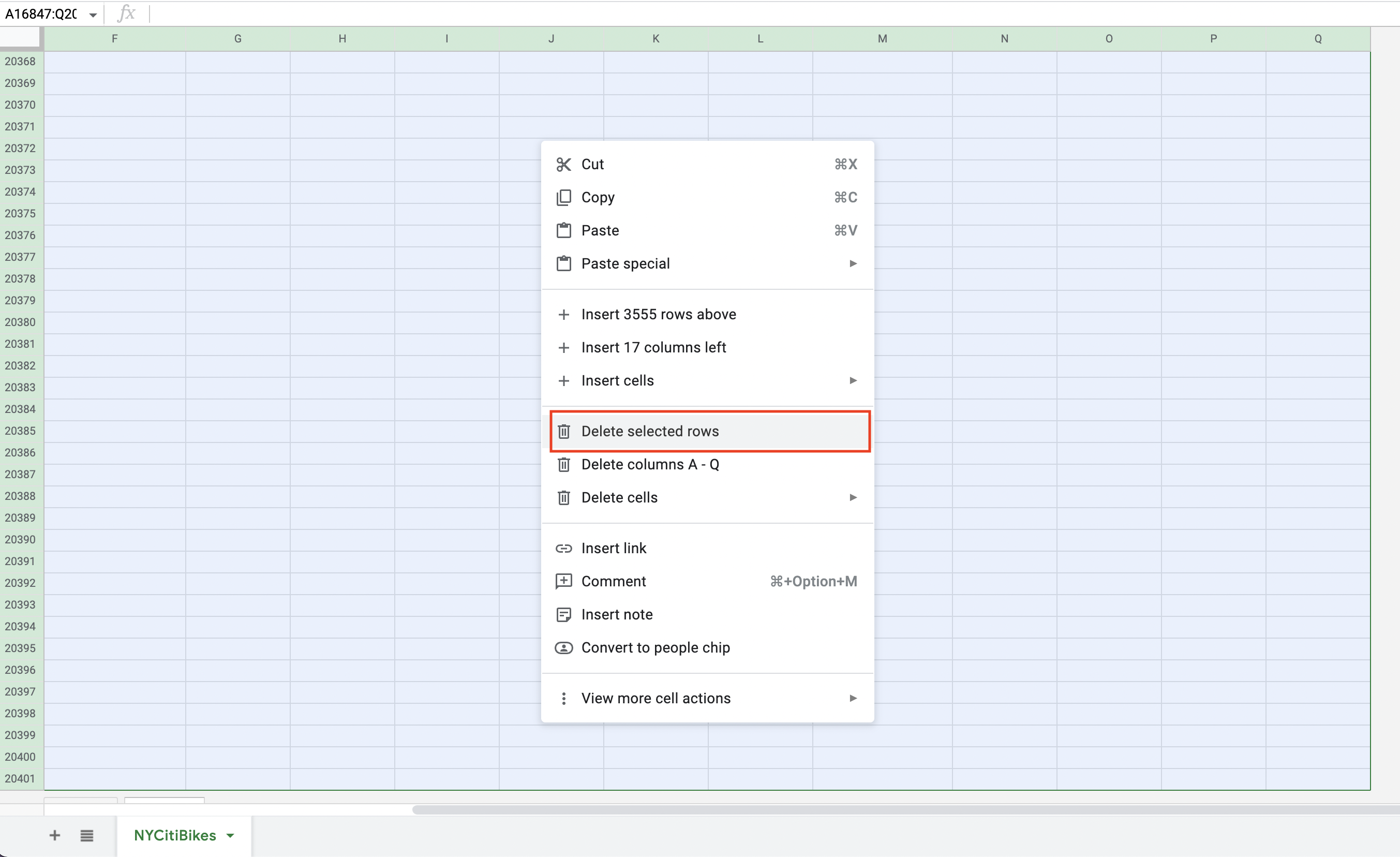 The drop-down menu in Google Sheets that appears when you select rows of data. The "delete selected rows" option has been selected.