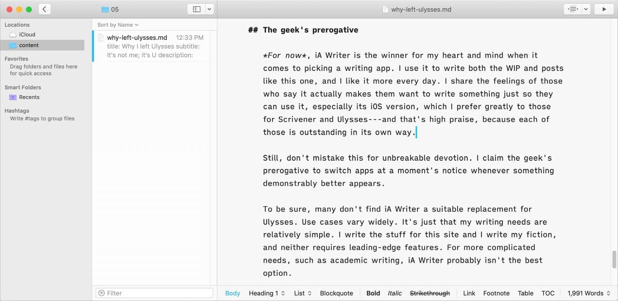 Screen capture from iA Writer app