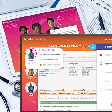 A medical marketing application displayed on a screen that obscures a doctor's desk
