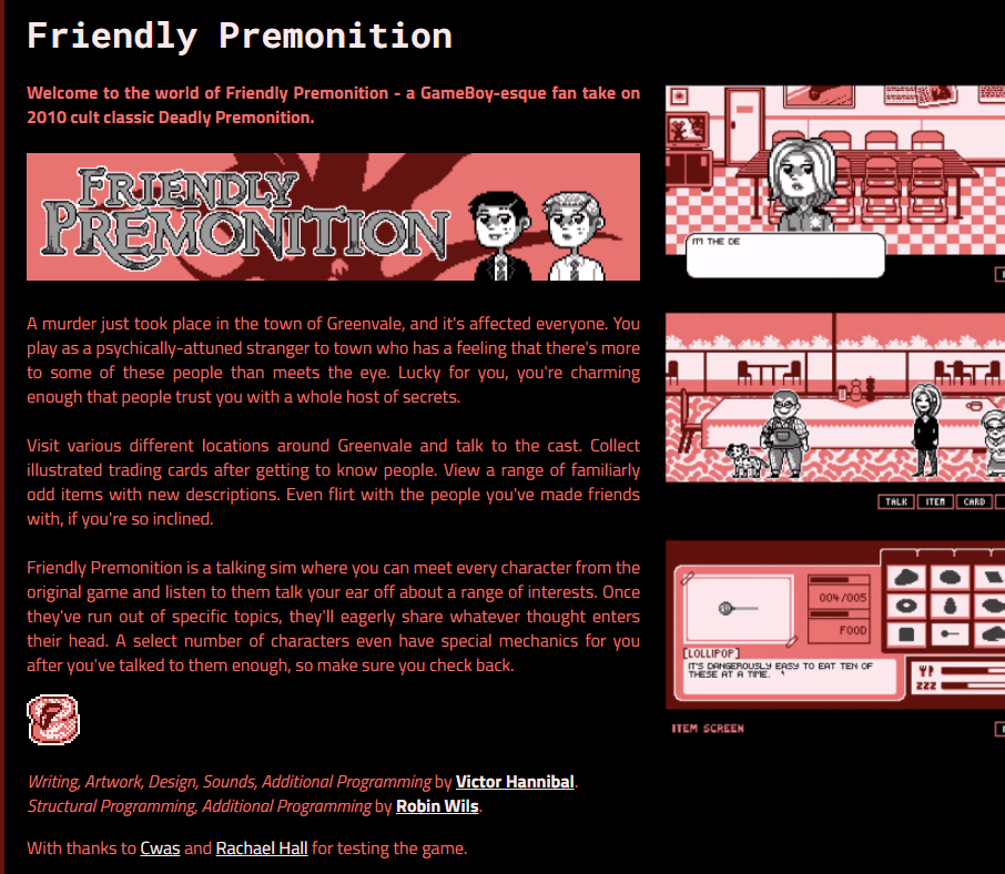 A Screenshot Of The Itch.Io Page Of Friendly Premonition.