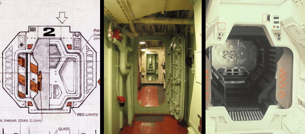 From left to right: Ron Cobb's sketch of the door, image of the interior of a cargo ship, bulkhead door from the movie Alien.