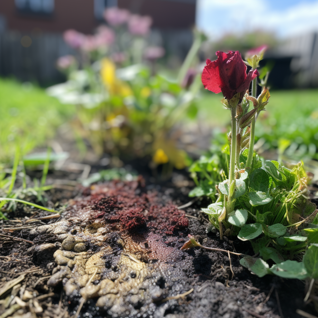 Image showcasing the harmful effects of traditional weed killer on the soil and plants with visible signs of wilting and discoloration, contrasting it with a healthy, thriving garden treated with an eco-friendly weed killer