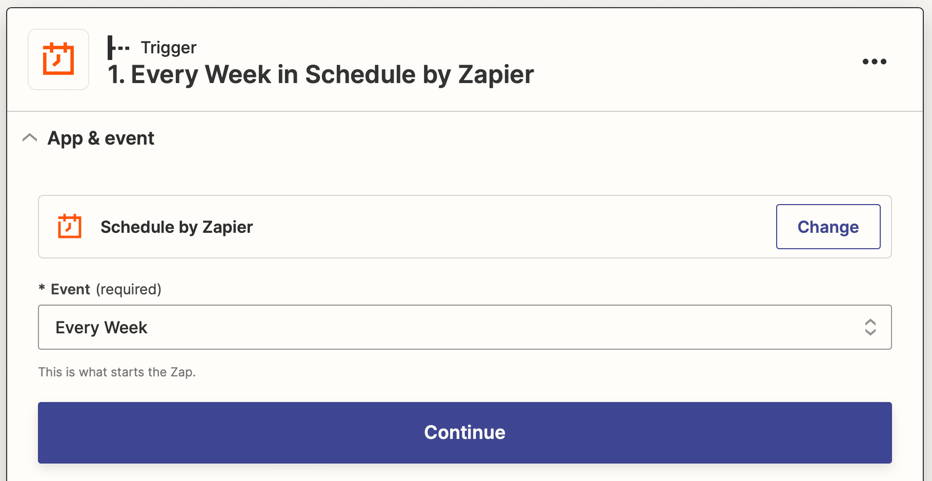 Screenshot of Zapier every week in schedule trigger setup