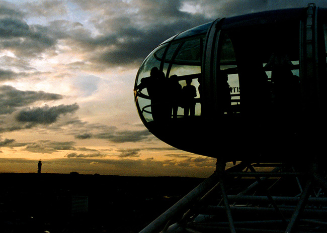 London skyline from the London Eye at sunset.