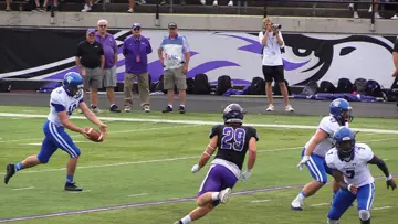 Punting in the first game of the 2019 season against the UW-Whitewater Warhawks.