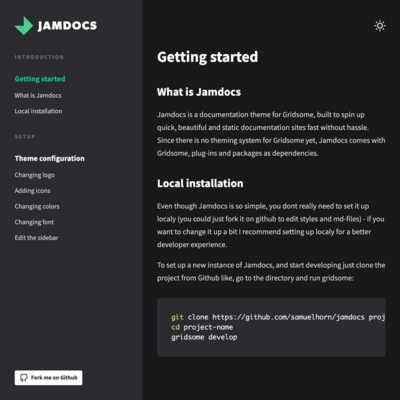Screenshot of a page created with Jamdocs - a starter for documentations in Gridsome