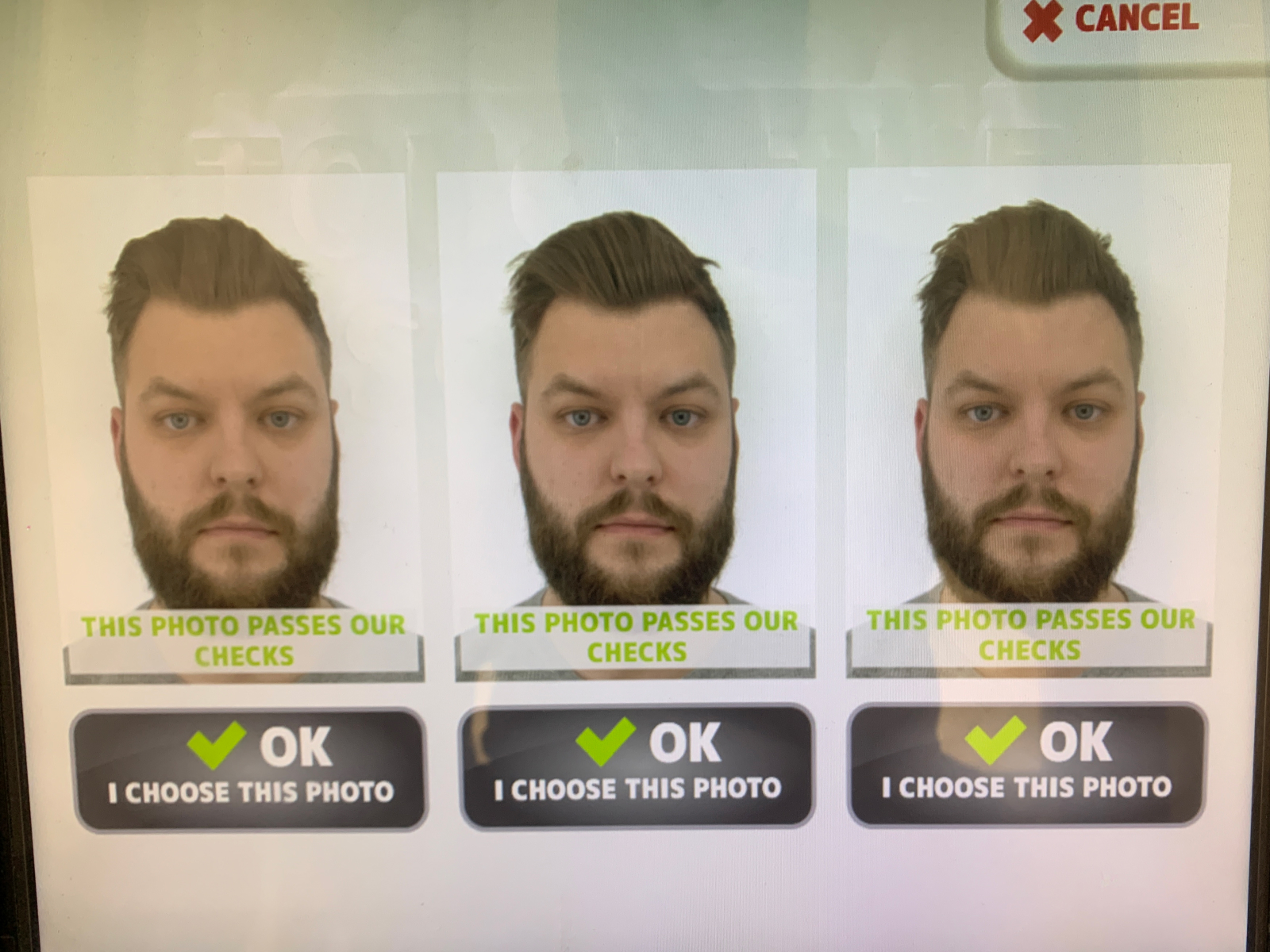 Three nearly identical passport photos on a screen in which I have a long beard and bags under my eyes. Each photo offers the option to “Choose this photo.”