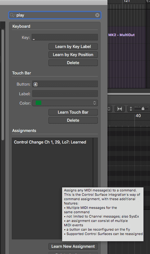 The Select key command window in Logic Pro X