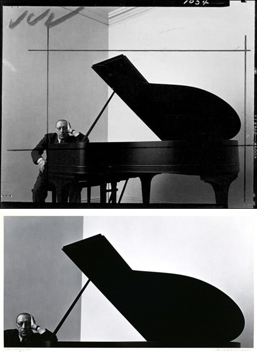 The cropping of this photo forces us to focus only on the important details by removing the distracting elements, such as the ceiling corner and piano legs. What remains is a well-balanced, almost abstract image that highlights the similarities between the pianist and his piano, both of which have a similar shape and angle within the frame.