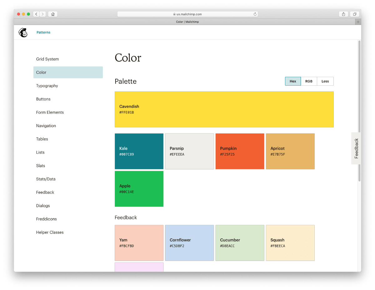 Mailchimp pattern library grid page.