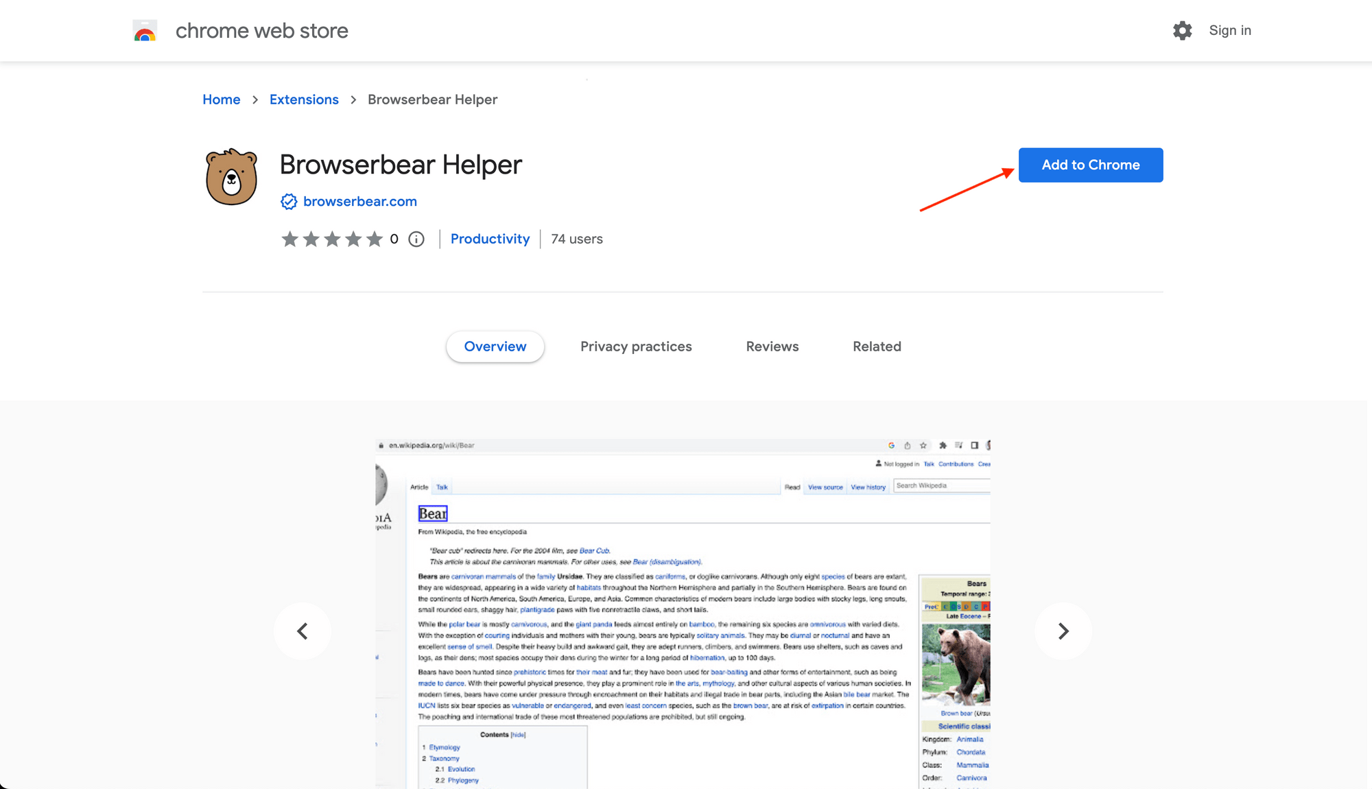 Screenshot of Browserbear Helper extension with red arrow pointing to Add to Chrome