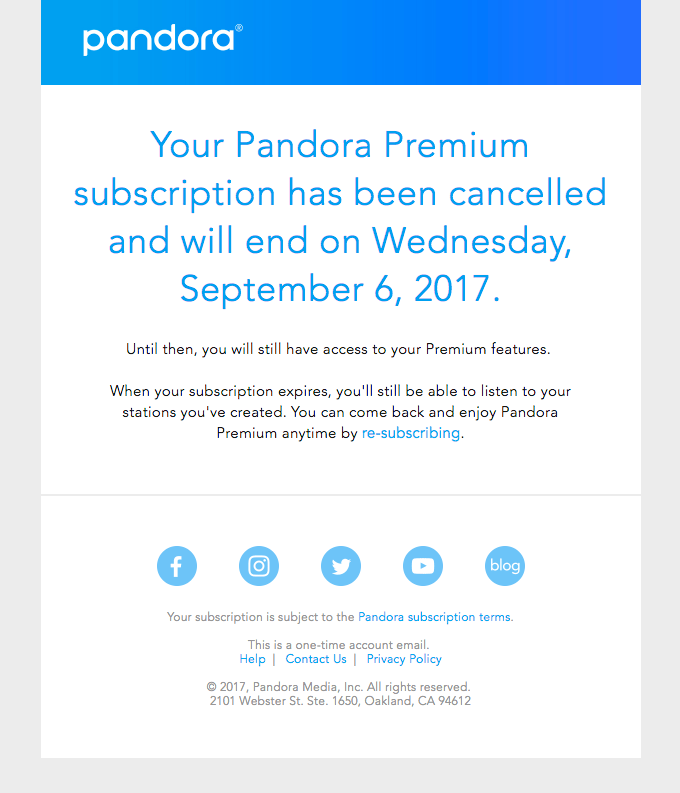 SaaS Cancellation Emails: Screenshot of Pandora's cancellation email