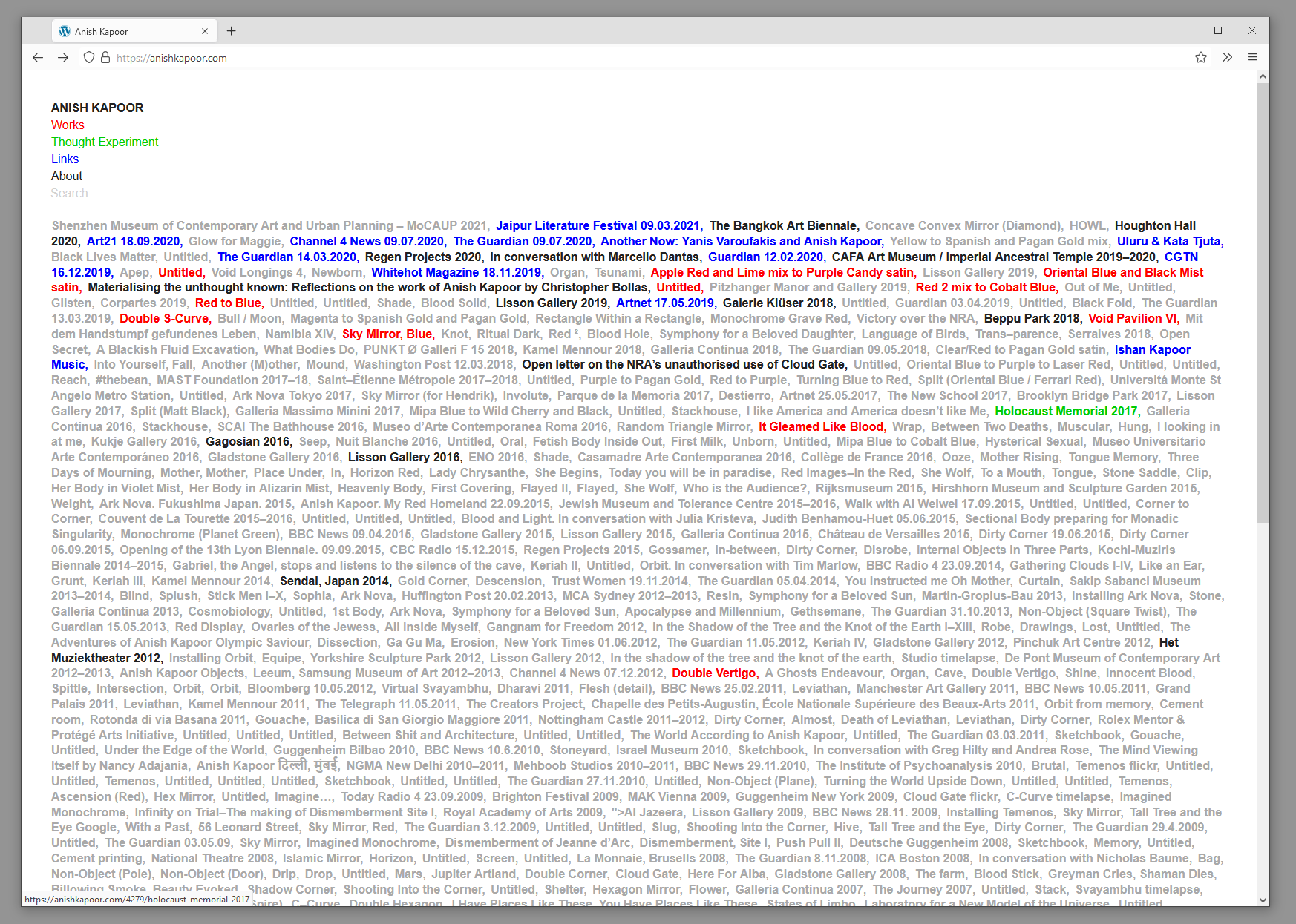 Browser screenshot showing website with hundreds of links in grey, blue, red, green, and black. Title reads: Anish Kapoor