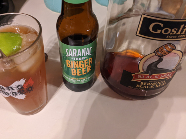 A mixed Dark N' Stormy with a handle of Gosling's Rum and Saranac Ginger Beer