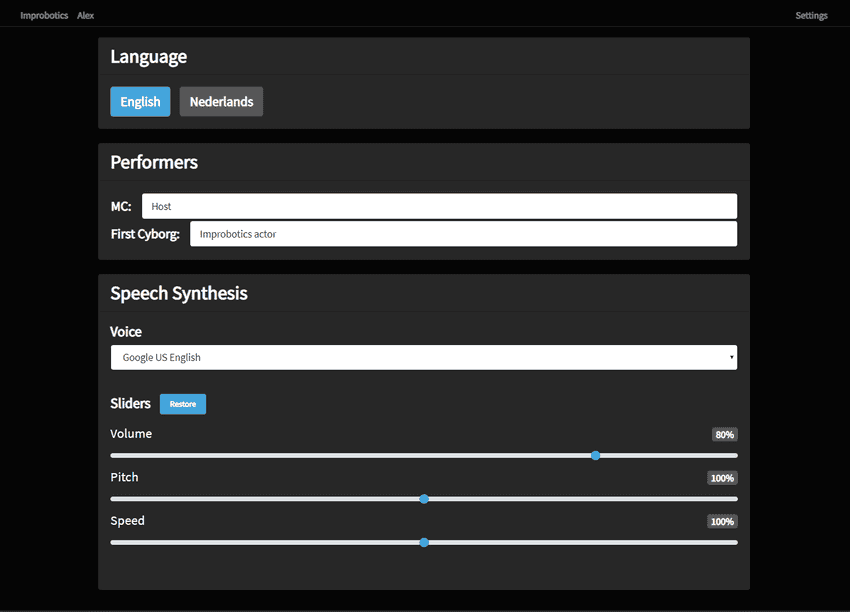 Settings screen for changing the language, Alex' voice, and variables in the script.
