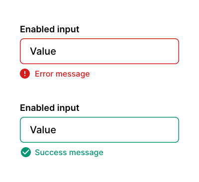 An input text showing an error and another input showing a success message