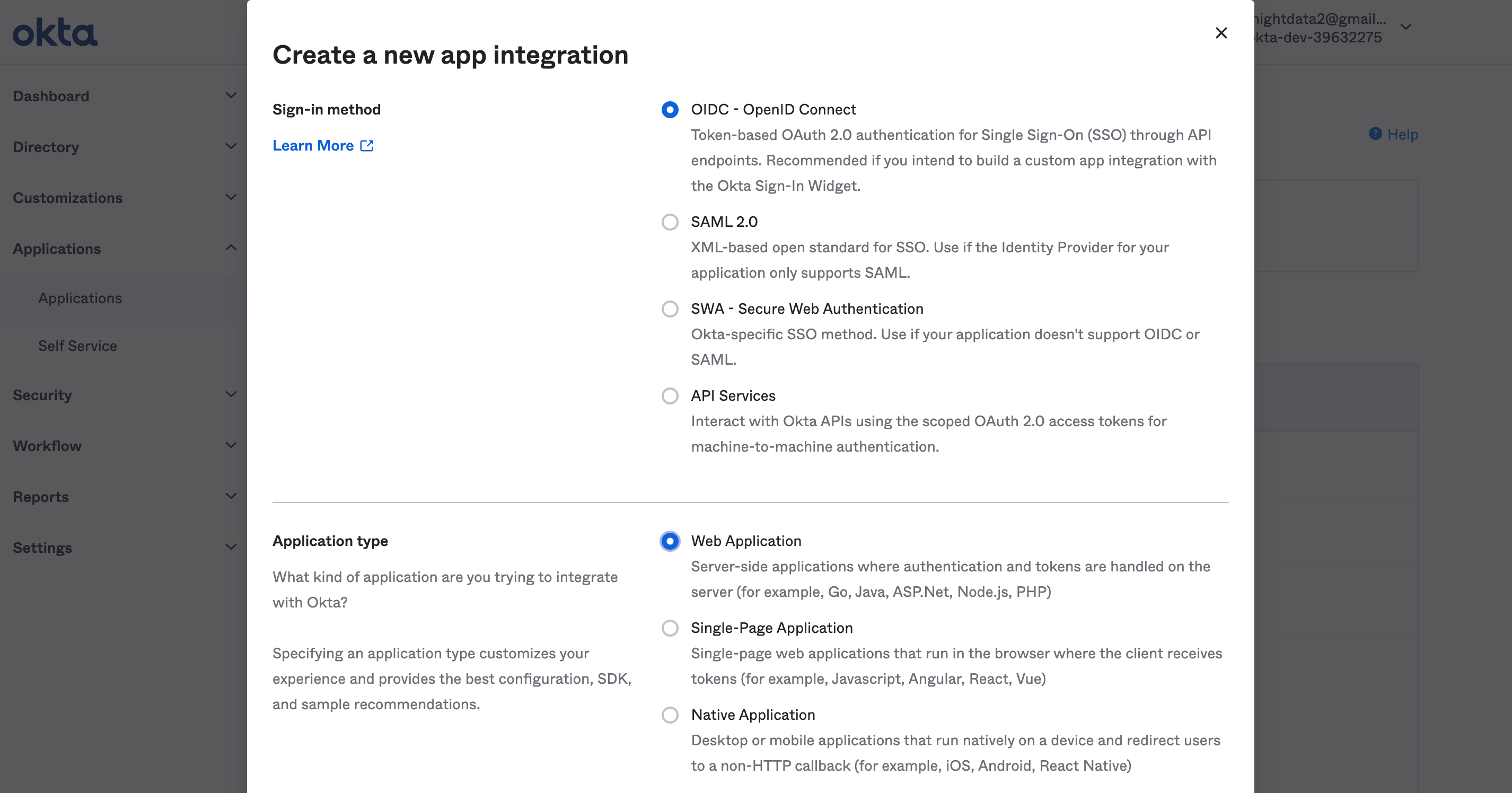Create a new app integration - Okta