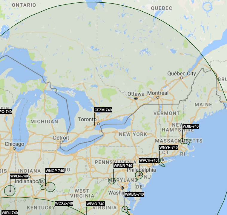 Northeastern US night-time AM skywave overlap 740 kHz