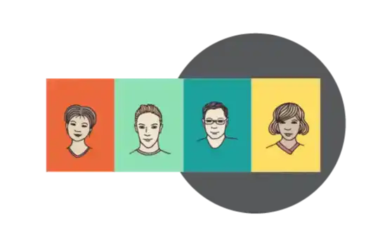 Four illustrations of individual faces, with each illustration superimposed onto an orange, light green, teal, and yellow back ground respectively, which is then superimposed onto a gray circle 
