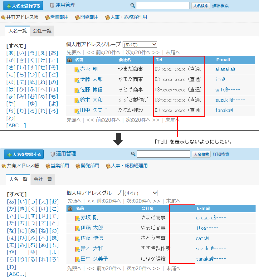 人名一覧の表示項目を変更している画像