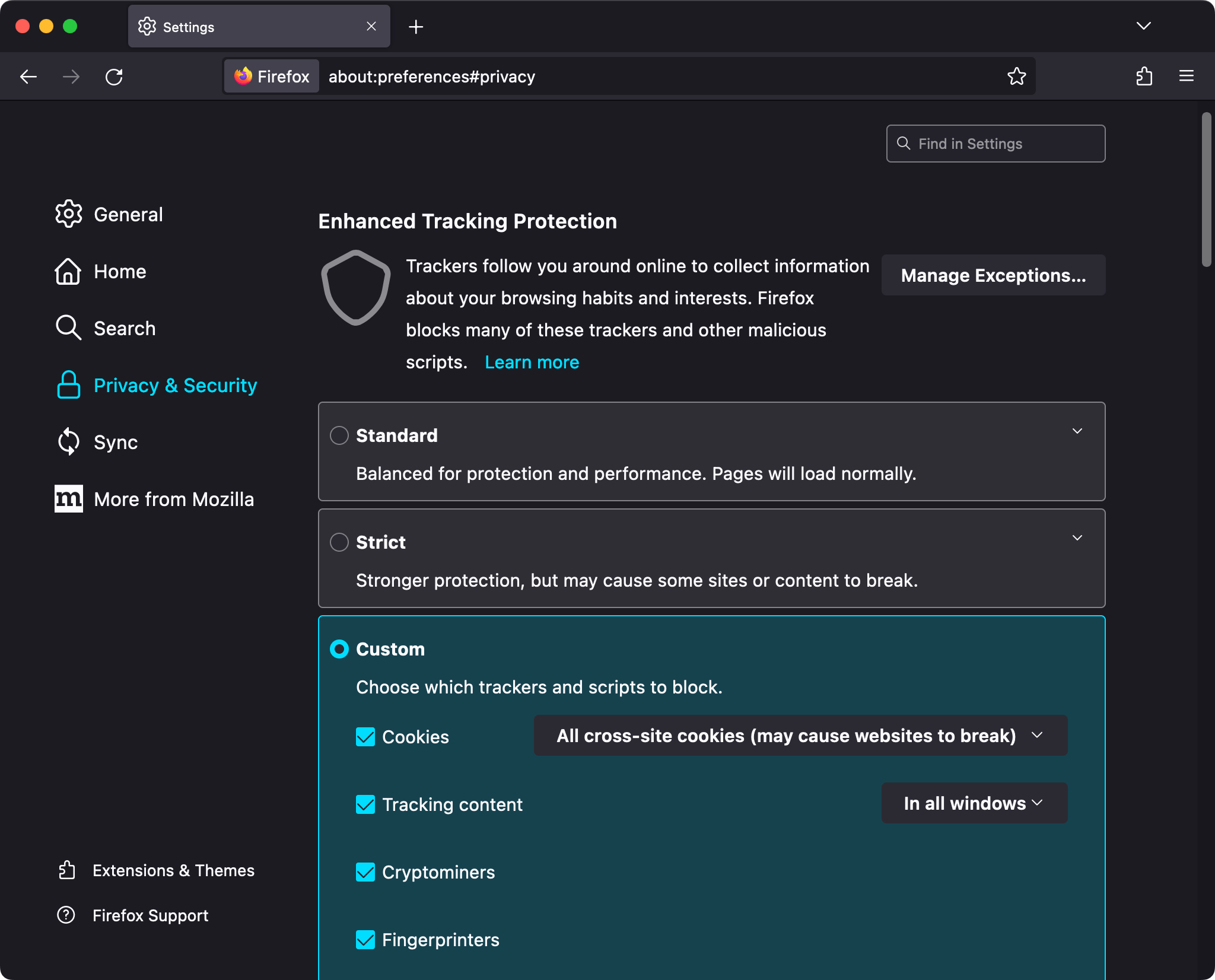 The Firefox “Privacy & Security” settings page showing that Enhanced Tracking Protection is set to “Custom”, and to “Cookies: All cross-site cookies (may cause websites to break)”.
