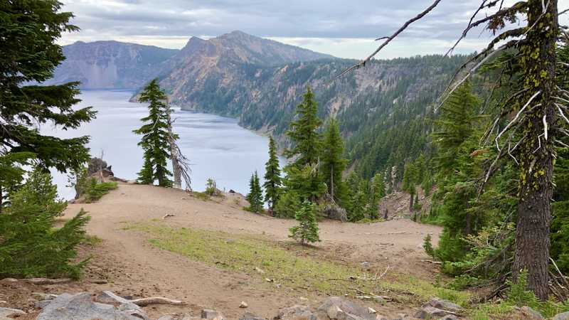 The trail turns to the south rim of Crater Lake