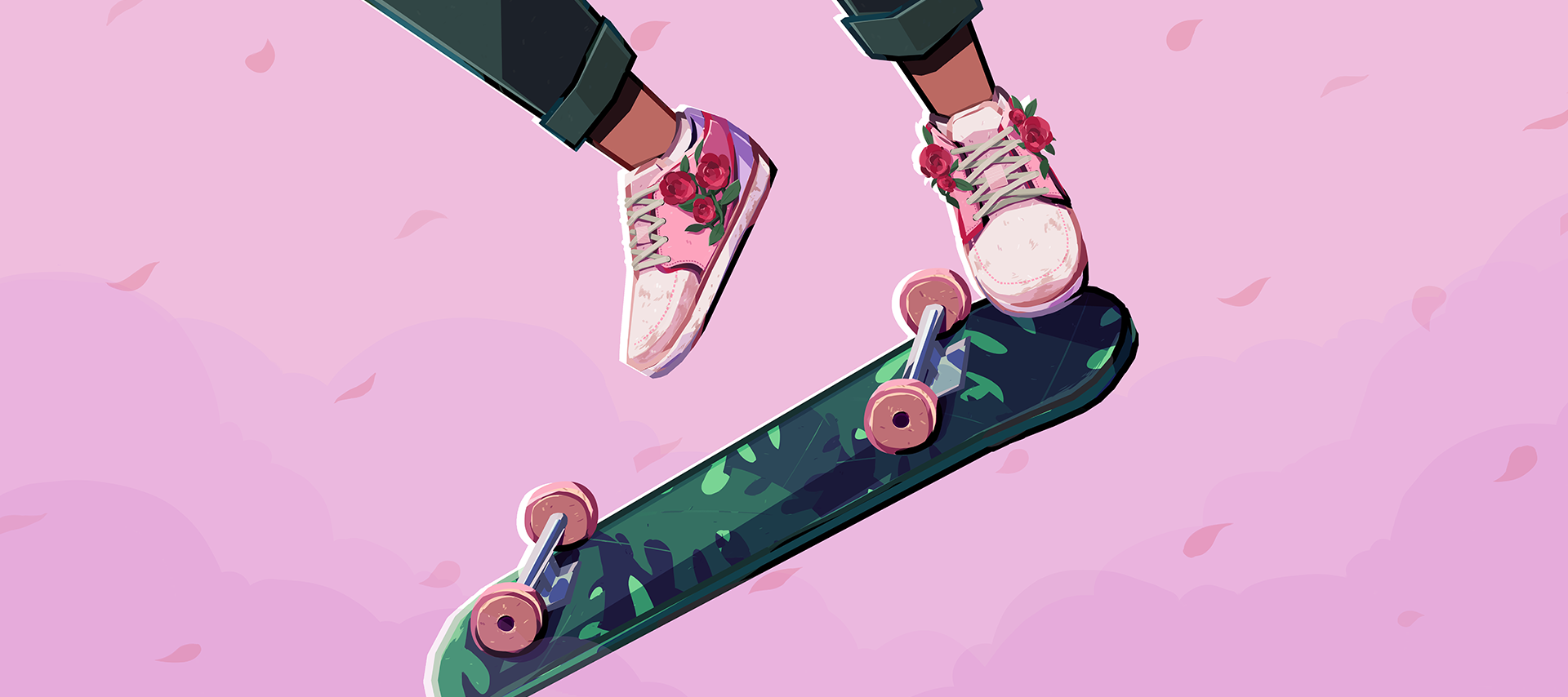 Closeup of a skateboard with two shoes jumping over it. The shoes are pink and have red flowers, and the skateboard has deep green leaves.