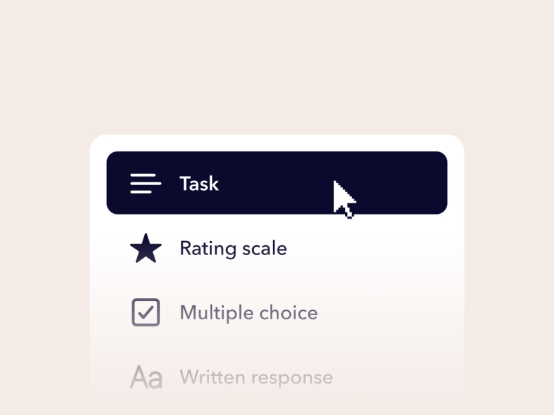 Select box with options: Task, Rating scale, Multiple choice, Written response