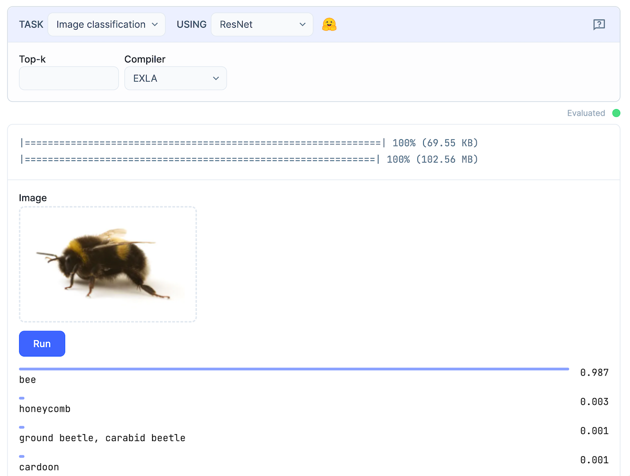 The image classification result which classified the image correctly as a bumblebee