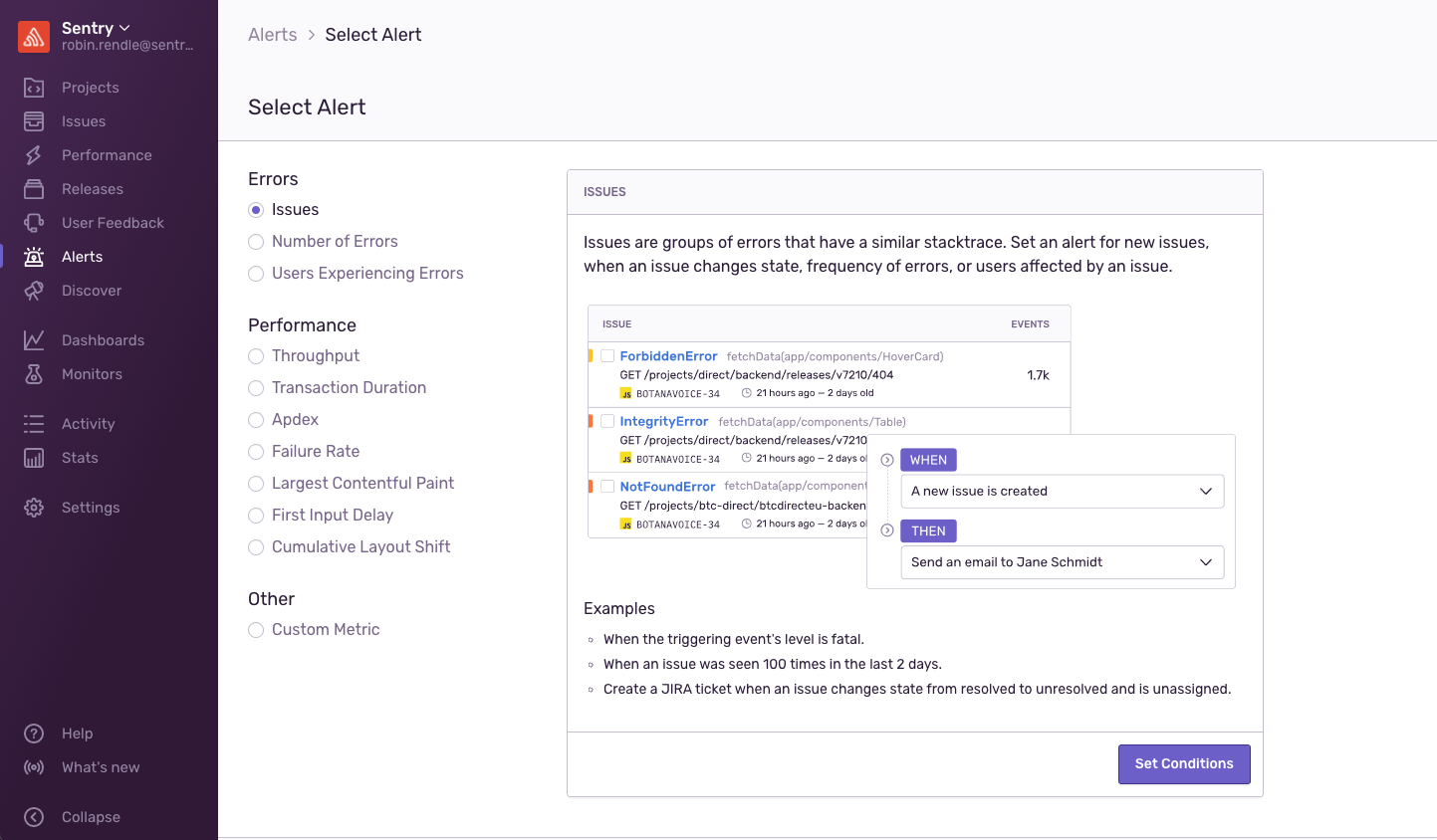 The Sentry app showing all of the alerts you can now create