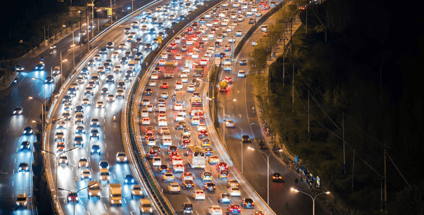 Traffic jam on a main highway at night