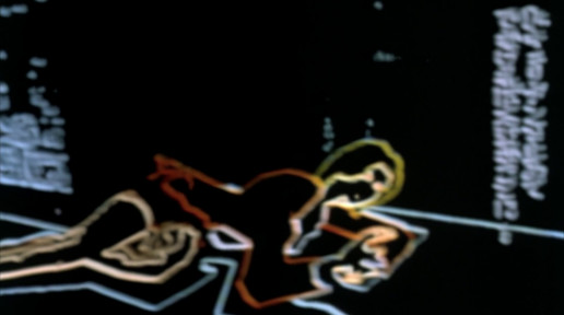 A screenshot from the original game which was distorted with all colours removed except for the edges of lines. The character "Sophie" is laying on the floor, dying, whilst delivering the line "You must stop Curian or something terrible will happen".